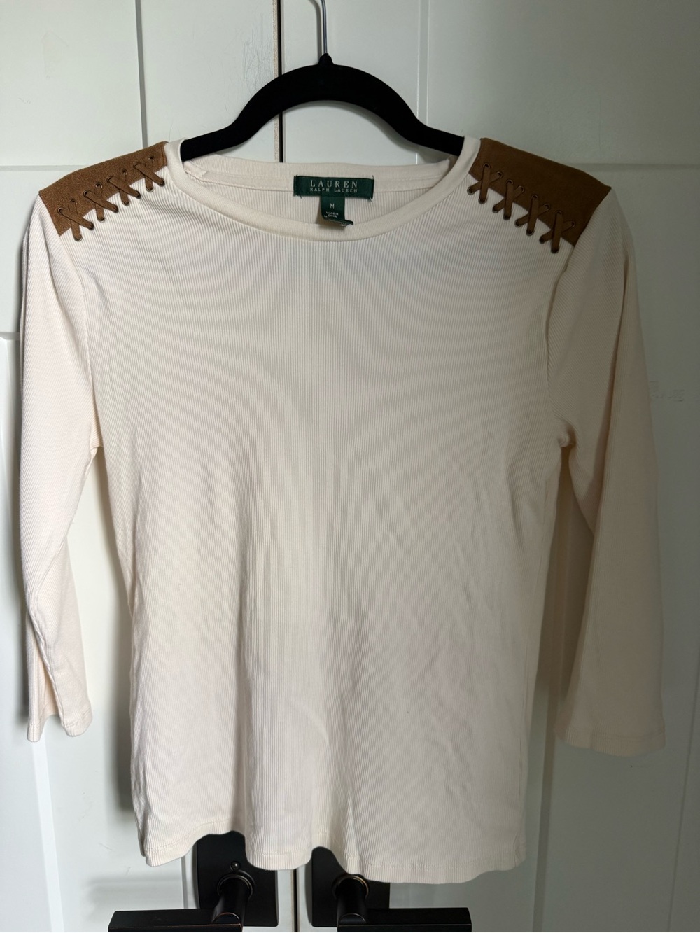 Lauren Ralph Lauren Cream Ribbed Top with Tan Suede Shoulder Detail size M